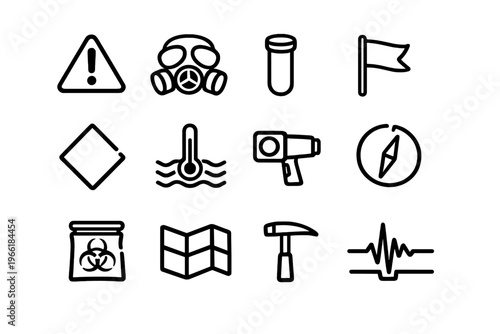 A collection of twelve hand-drawn line icons representing scientific