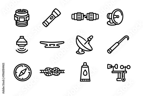 A collection of twelve minimalist black line icons representing