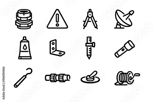 A set of twelve minimalist black line icons featuring various