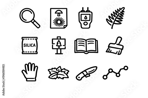 A collection of twelve black and white line icons representing tools