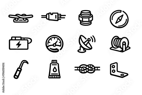A set of twelve minimalist line icons representing various hardware