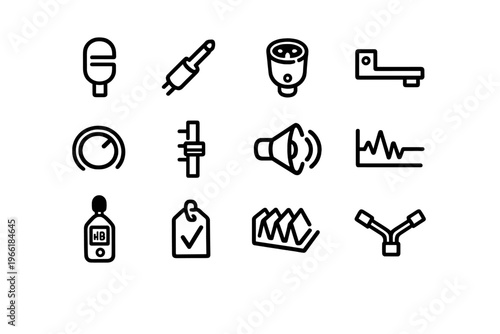 A collection of twelve minimalist black line icons representing audio