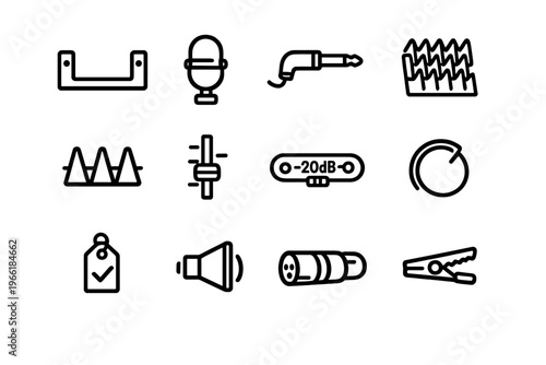 A collection of twelve minimalist black line icons representing audio