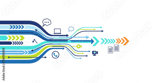 A fluid and colorful abstract illustration visualizes various digital data streams merging and accelerating forward, represented by an array of parallel and converging lines in shades of blue, green
