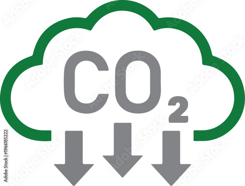 Vector graphic illustration of a cloud with CO2 and downward arrows symbolizing emission reduction.