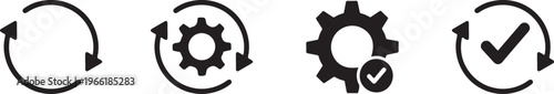 Vector graphic illustration of four gear icons with circular arrows and a checkmark design
