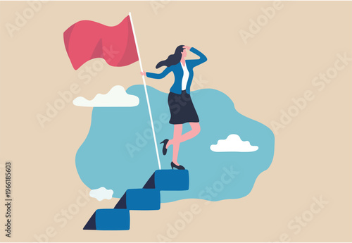 Success female entrepreneur, woman leadership or challenge and achievement concept, success businesswoman on top of career staircase holding winning flag looking for future visionary