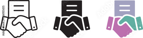 Vector graphic illustrations of handshake and document icons in various colors and styles