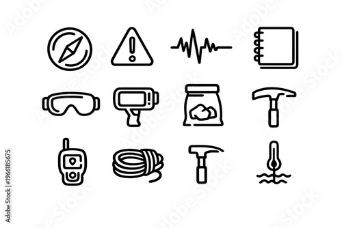 A collection of twelve black line icons on a white background