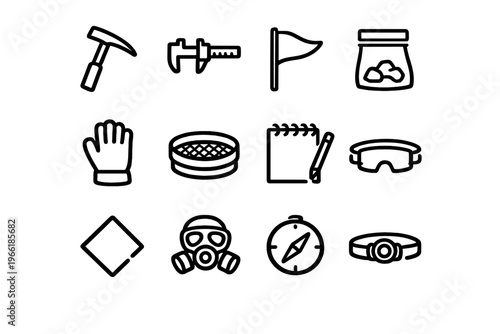 A set of twelve minimalist black line icons representing geology and