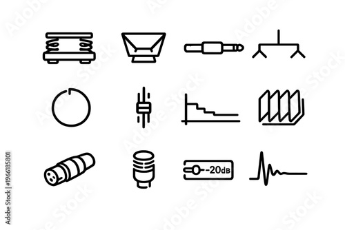A collection of twelve minimalist black line icons representing