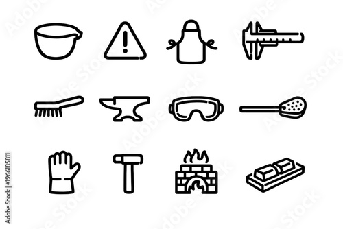 A collection of twelve minimalist black line icons representing