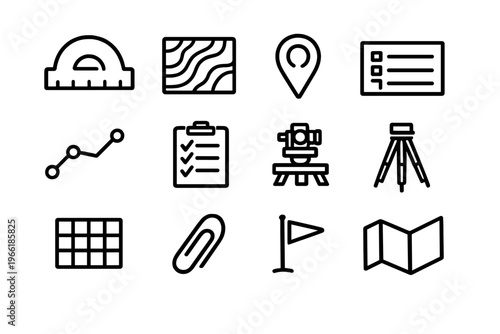 A set of twelve black line icons on a white background featuring