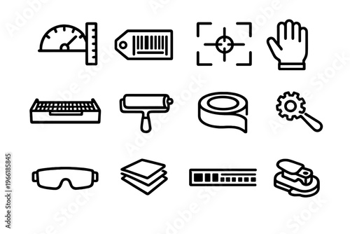 A collection of twelve minimalist black and white line icons