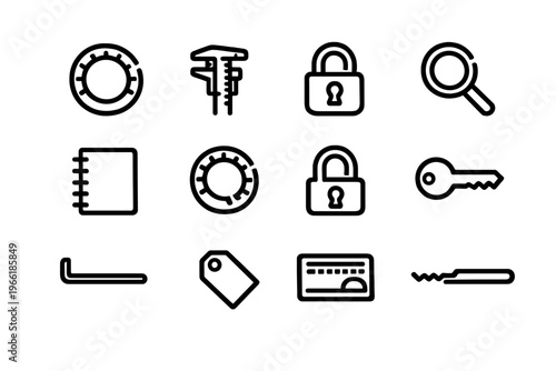 This set of twelve minimalist black and white line icons features