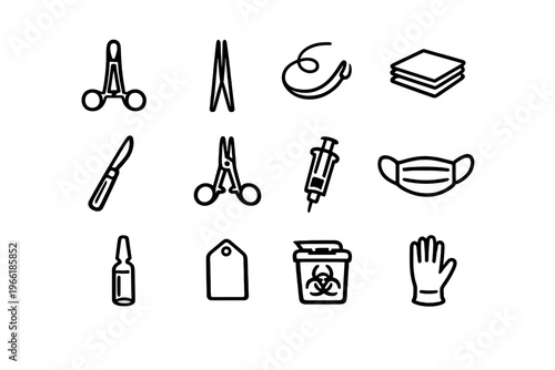 A collection of twelve hand-drawn medical and surgical icons in a