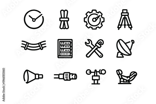 A collection of twelve black line icons representing various