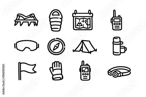 A collection of twelve hand-drawn line icons featuring camping and