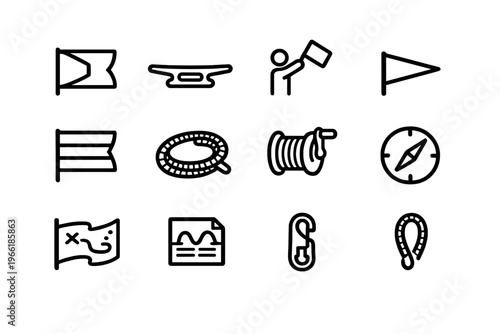 A collection of twelve minimalist black and white line icons