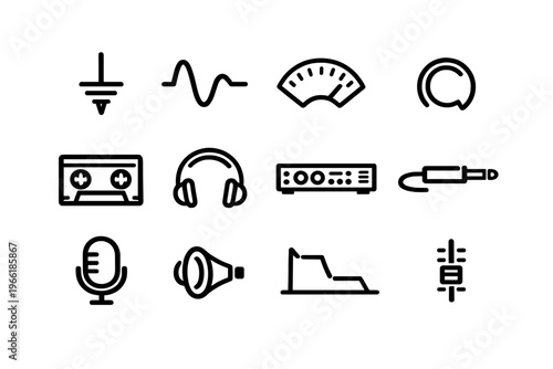 A collection of twelve minimalist black line icons representing audio
