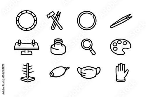 A collection of twelve black line icons representing various tools
