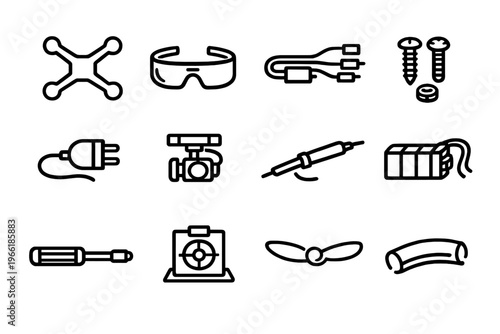 A collection of twelve minimalist line icons representing drone