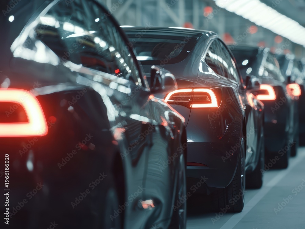 Fototapeta premium Row of new electric cars with glowing taillights in a modern factory setting