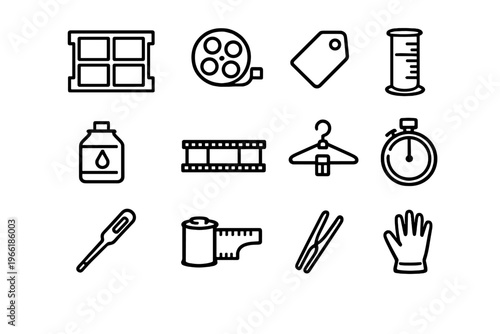 A collection of twelve minimalist black line icons representing