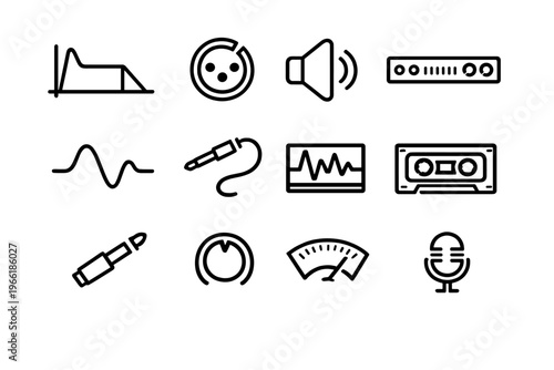 A set of twelve minimalist black line icons representing audio