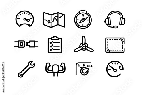 A set of twelve black and white line icons representing aviation and