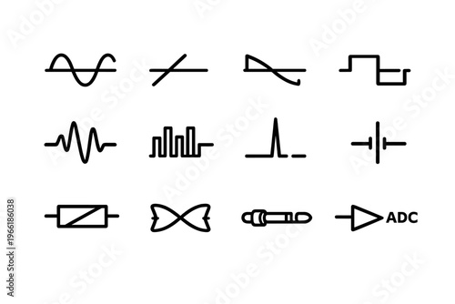A set of twelve minimalist line icons depicting various electronic