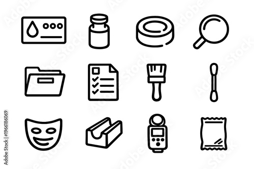 Forensic science icons set featuring evidence collection tools like a