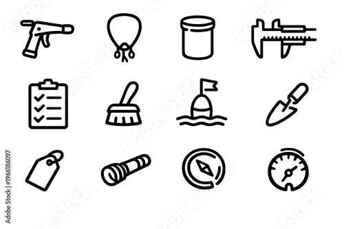 A set of twelve minimalist black line icons on a white background
