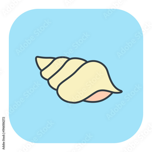 Flat vector icon of a seashell on a light blue background. Illustrations for summer and vacation design