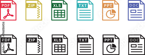Colorful and black file type icons for common office documents and formats vector illustration