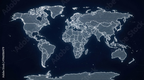 Global map with white digital grid lines on a dark blue background showing countries and continents connected in a technological network around the world seamlessly