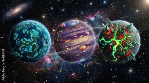 Three planets in space with vibrant colors and unique features displayed