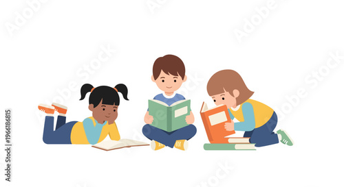 This vector illustration features three diverse children happily reading books together while sitting and lying on a white background.