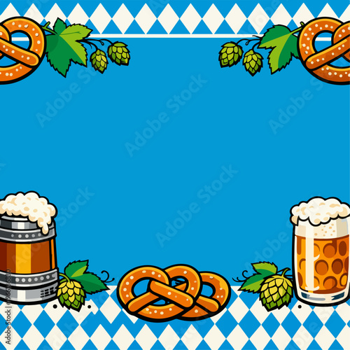 Bright Oktoberfest background featuring frothy beer mugs, golden pretzels, and hop leaves creating a joyful festive frame representing Bavarian tradition, unity, and cheerful celebration