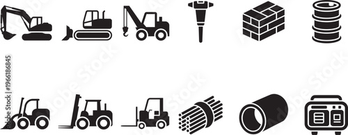 Construction Equipment And Building Materials Vector Icons Set