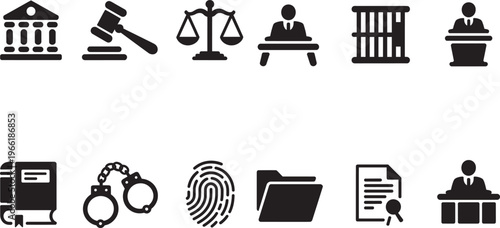 Law And Justice Icons Set Featuring Courthouse, Gavel, Scales, Fingerprint, Handcuffs, Prison