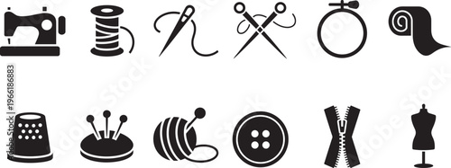 Sewing Icons Set Featuring Sewing Machine, Thread, Needles, Thimble, And Fabric Roll