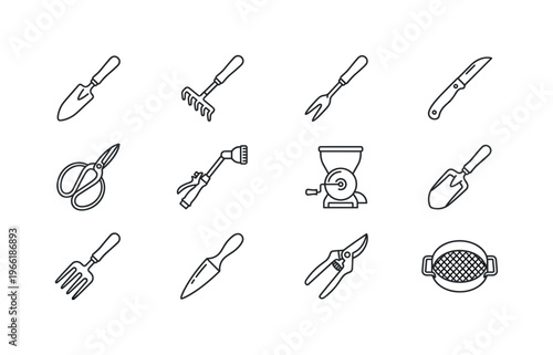 Collection of simple line art icons representing various gardening tools and equipment