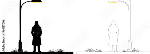 Silhouette and outline of detective standing under street light at night with transparent background and city park elements.