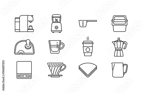 Collection of coffee brewing equipment icons for a modern kitchen or cafe