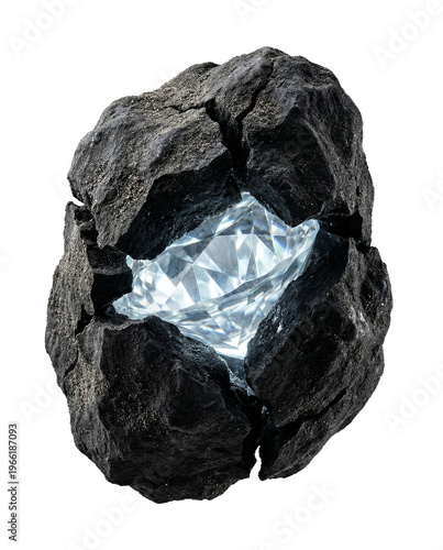 Polished diamond emerging rough lump coal. Conceptual image, brilliant perfectly cut gemstone breaking surface raw mineral under pressure, hidden teasure isolated on white