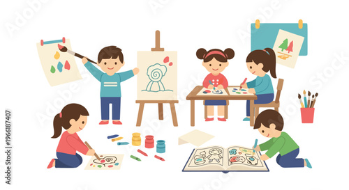 Five young children are happily engaged in various art activities, including painting on canvases and coloring in books within a creative classroom.