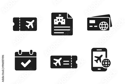 Travel booking solid black icon set vector illustration