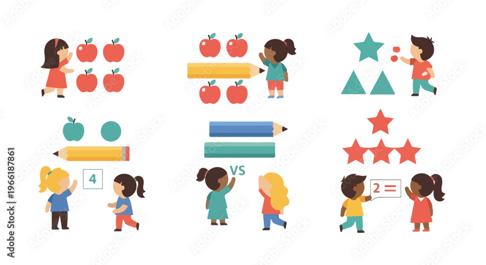 Fototapeta premium Various children engage in basic math and logic activities, like counting apples and comparing shapes, in a flat vector style illustration.