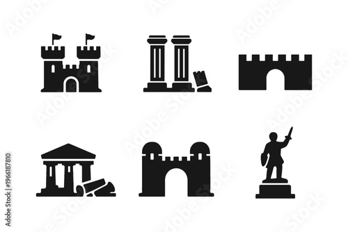 Ancient ruins landmarks solid black icon set vector illustration
